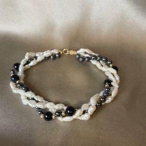 Vintage 3 Strand Genuine FWP Onyx Hematite 14k Bracelet
